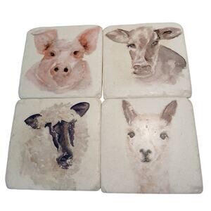 Vintage Farm Style Ceramic Tile Coasters Set Of 4 Llama Sheep Pig Cow 3.75"Sq.‎
